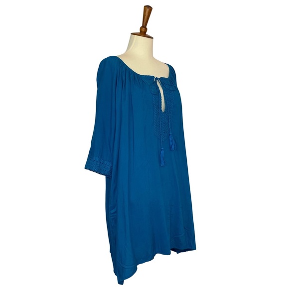 Boho Teal Blue Loose V-Neck Drawstring Beach Bikini Coverup - Picture 7 of 12